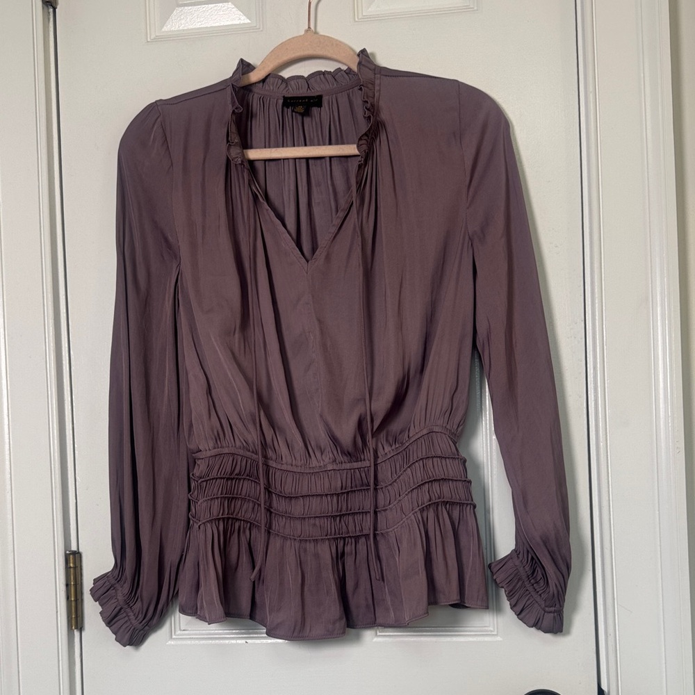 Current Air Smocked Peplum Blouse XS Purple Ruffle Neck Tie Long Sleeve Top - Picture 2 of 8